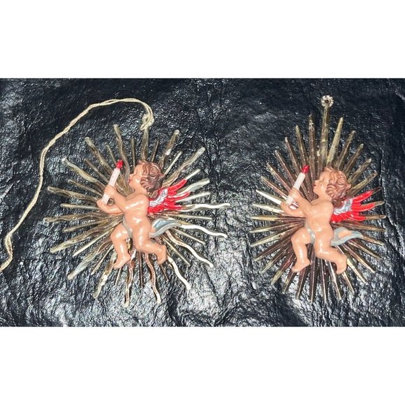 2 Vtg Cherub Angel Christmas Ornaments w/ Gold Rays Star Burst Red Wings Candle - Picture 1 of 5